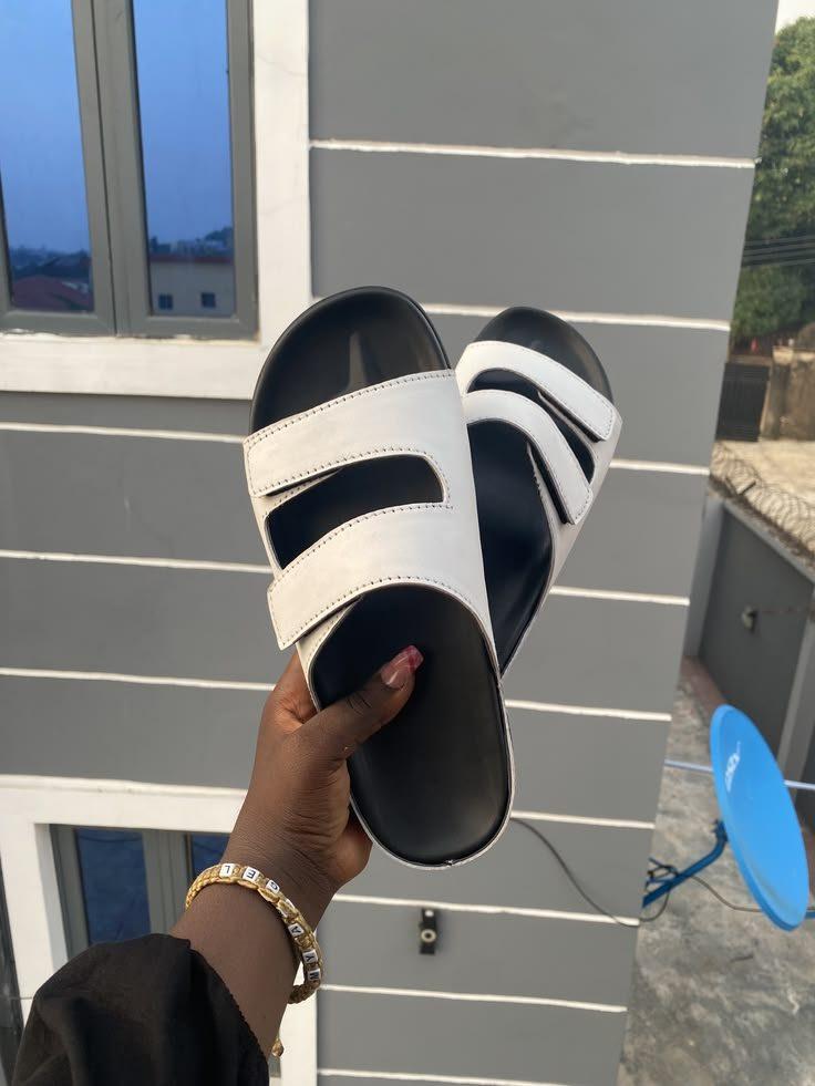 White two-strap slides