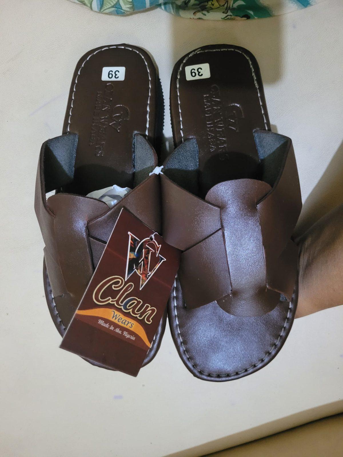 Brown leather wrap-front slippers