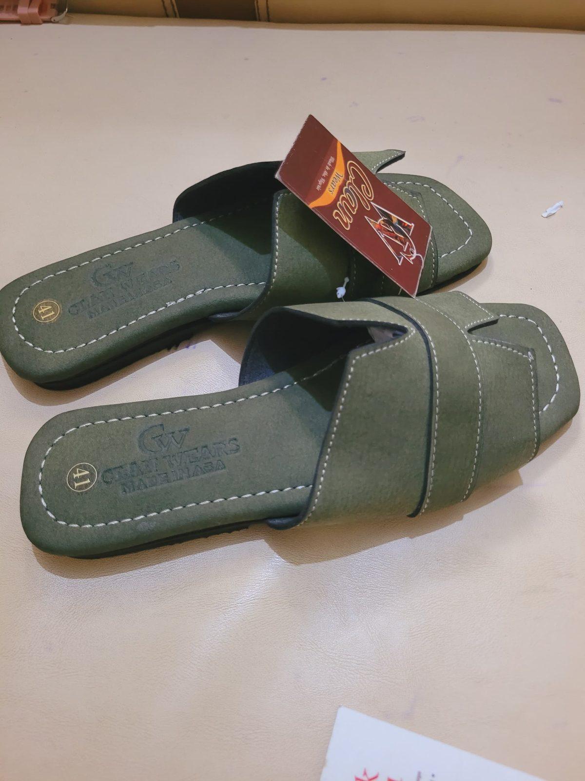 Olive suede cross-strap slides